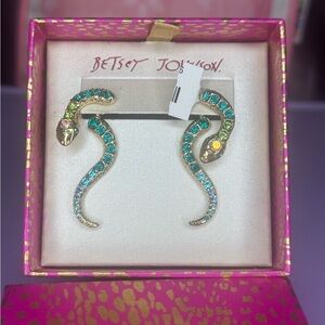 NWT Betsey Johnson Gold, Green and Blue pave Snake Earrings